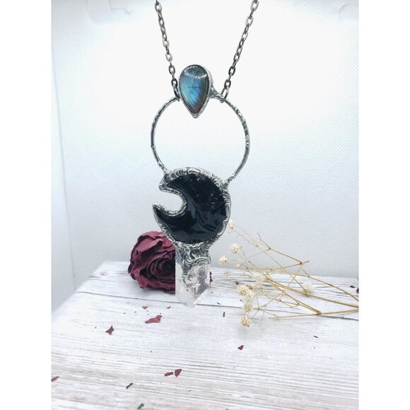 Labadorite and Obsidian Crystal Moon and kunzite crystal statement necklace - Picture 8 of 12